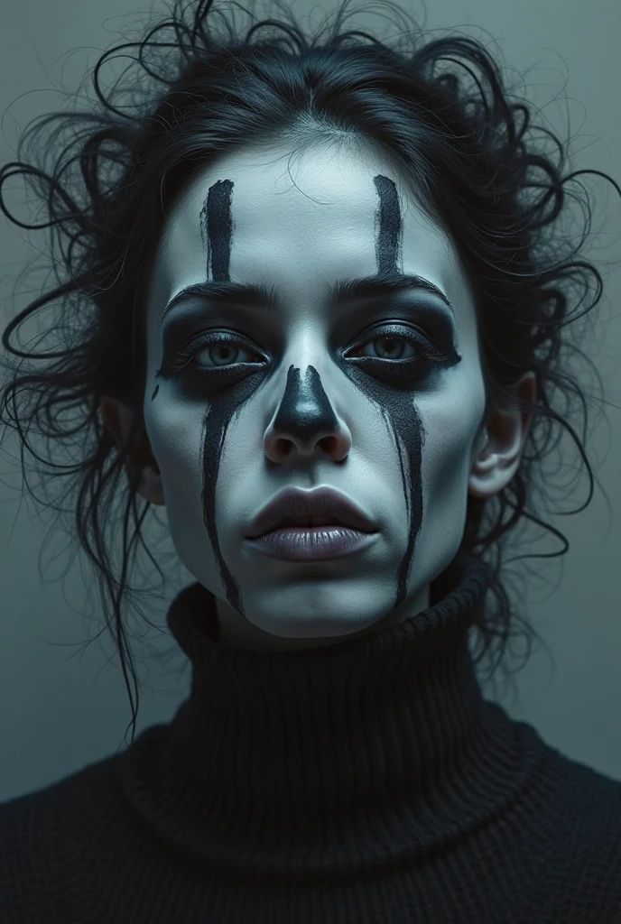 there is a woman with long gray hair and a white shirt, scary look, hands on the face, Gray contacts, face paint around eyes, creative makeup, realistic cosplay, Inspiration from Princess Mononoke, Scary pose, long crooked nose, scary face, white face makeup, thin button nose, Creepy theme, pointy nose, white prosthetic eyes, sunken cheeks,