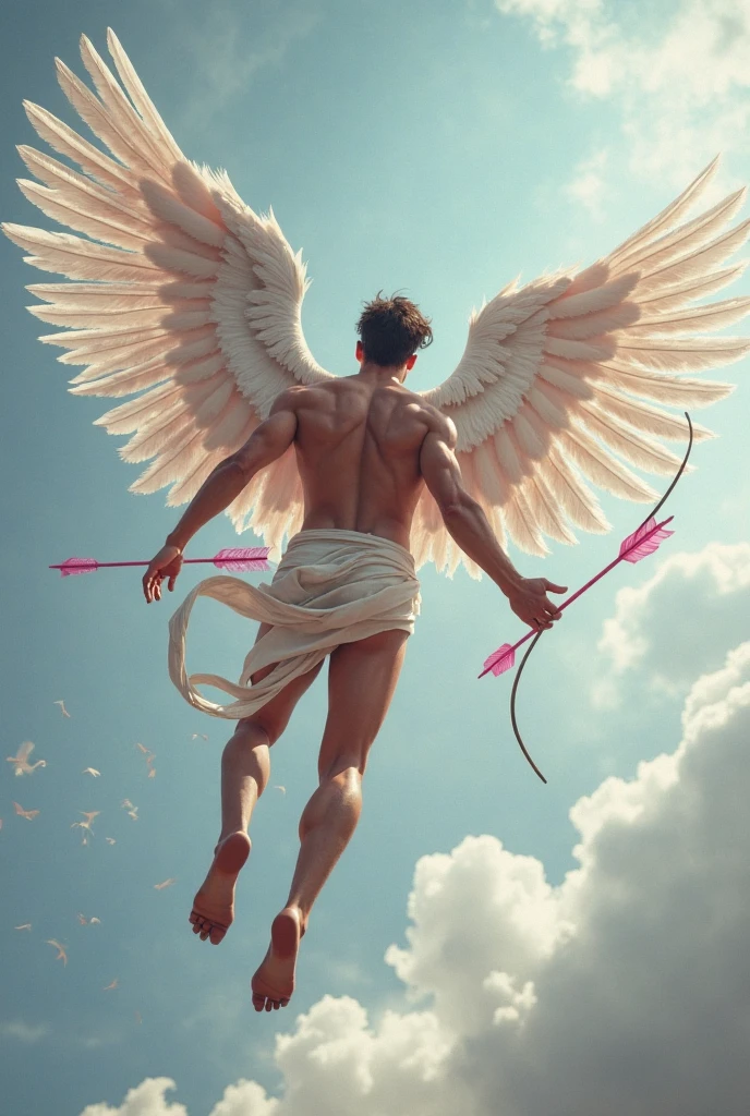 Male angel flying in the air，Slightly fat，brush cut