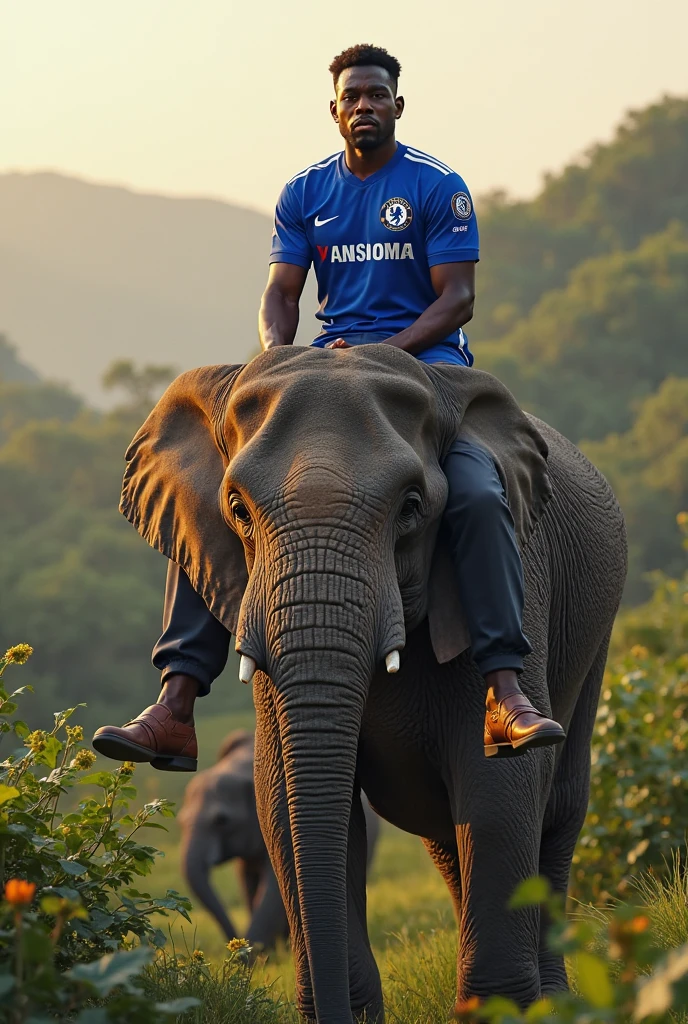 Generate a pic of a 2 man in half naked in front of an elephant and a small home with a massage lady