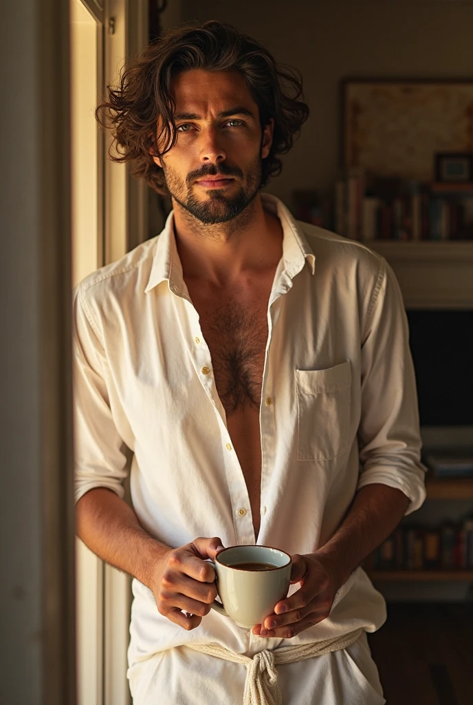 bearded woman, attractive, disheveled blond hair, amber eyes, half-open dressing gown, chest hair, chest hair, drinks coffee when she wakes up