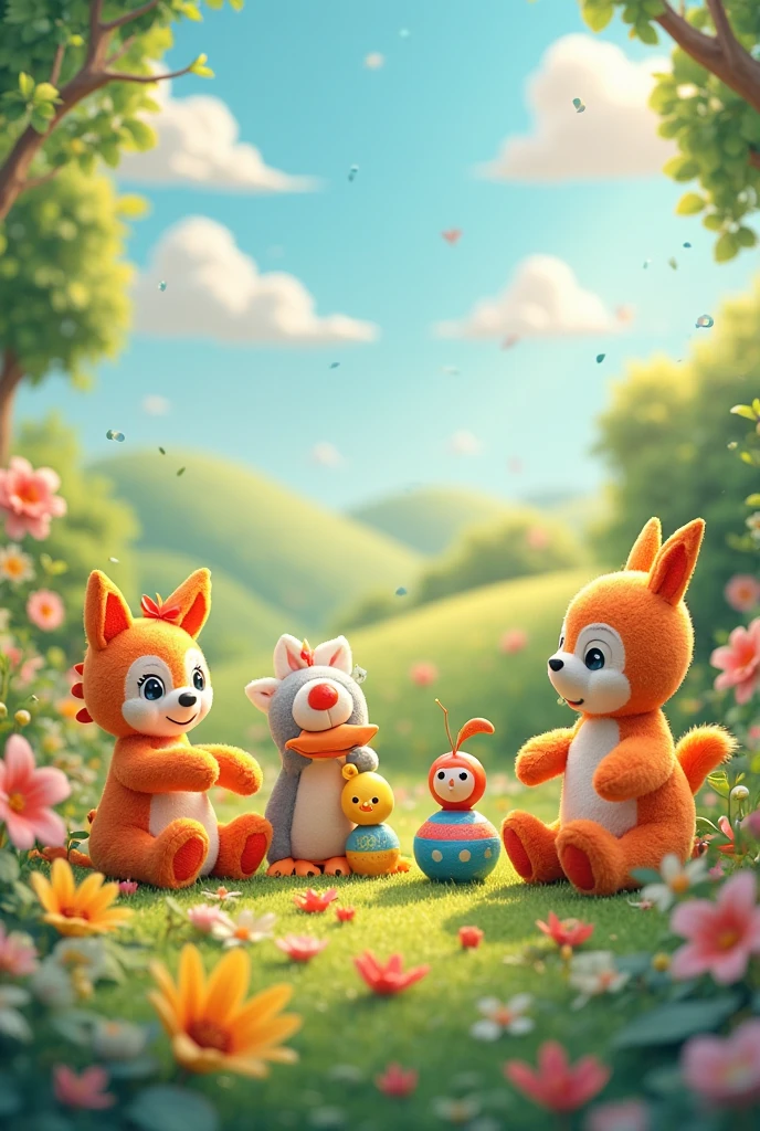 A rabbit and a blue bird and a fox at the table with an child