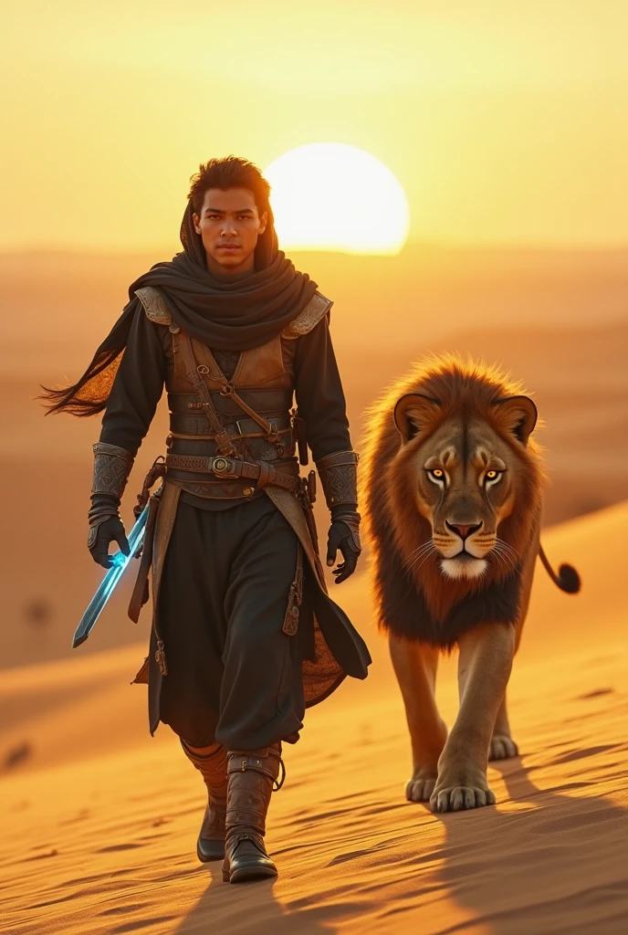 A handsome slim shirtless white skinned man in the desert with a falcon and two leopards beside him