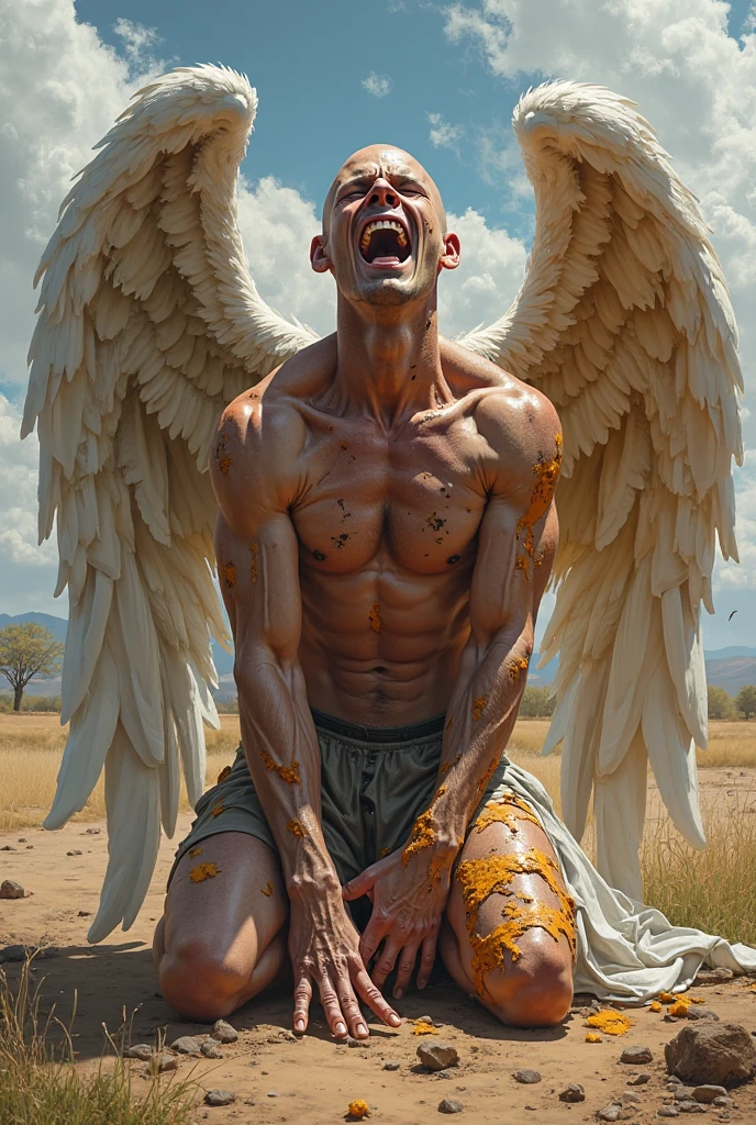 Multiple guys, handsome shirtless muscular man with wings laughing hands above head armpit grab, armpits tickled, disembodied demon hands all over body, cavern background 