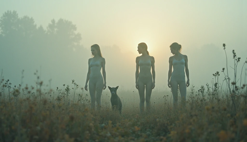 crowd of women running ????? on a forest path near a lake, Canada, extremely detailed, 8K, apocalyptic punk style, miniatures, macro photography in close-up. Particles float in the air all around, Tyndall effect, lost in the forest, trees, smoky fog in background, fog comes out from soil holes. film grain, depth of field, soft lights, realistic, 8k, blur focus, high details, majestic photograph, professional photo, candlelight, silhouette lighting, shooting from below, camera positioned on the ground. Dutch angle, dutch angle view, (shooting from below), high contrast, (cowboy shot), masterpiece. Some women are dressed, some semi dressed, ultra high res.photorealistic, realistic hands, [[photorealistic Chromatic aberration]], digital photograph, HDR, high contrast, masterpiece. [The scene is surrounded by mist, evoking a mysterious and eerie atmosphere. The lighting is dark and atmospheric, with smoke adding a touch of sinister ambiance. Best quality image, HDR enhancement, showcasing the utmost level of detail and realism, full body shot:1.5]. [8K, Ultra High Resolution, (highly detailed, Bokeh, (cowboy shot), 8k, 8K, UHD, textured skin, high details, high quality, Best Quality