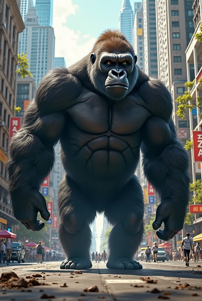 Obra-prima: 1.2, melhor qualidade, obra de arte, gorila gigante, em uma cidade, king Kong, volumeric lighting, pelagem altamente detalhada, colossal