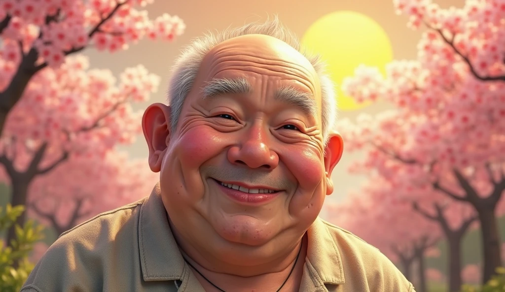 A round, plump figure with a large belly, dark skin, and a flat nose. He has a wide smile, thick lips, and small, bright eyes that show kindness. His hair is white, tied up in a small bun at the back of his head, reflecting his wisdom and age. He wears simple clothing, often just a sarong and a sleeveless shirt. His appearance is both comical and comforting, with a relaxed stance and an aura of deep wisdom.