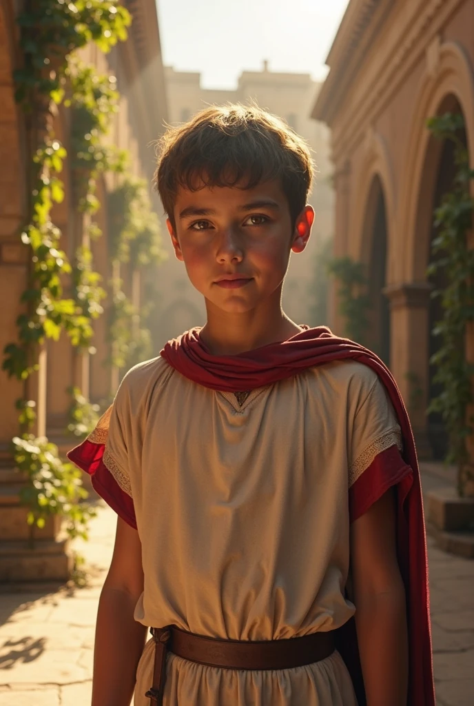 This painting depicts a young boy with a serious expression and direct gaze.. He has short brown hair, and wears a white tunic with red and gold details, that suggest a period costume or inspired by Ancient Rome. The background of the painting is simple and blurred, highlighting the boy&#39;s face and costume. Soft lighting highlights facial details and clothing texture, creating an introspective and contemplative atmosphere.