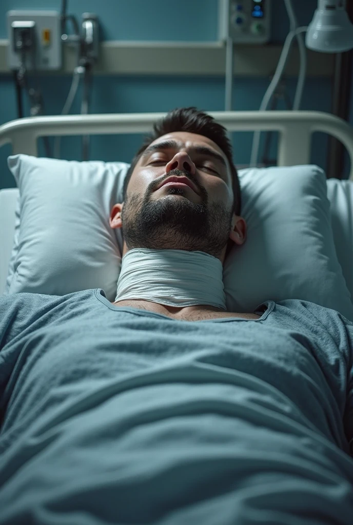 A realistic image of a white man lying on a bed with nomnal bullet wounds visible on his chest, covered by bandages. Only the bandages showed with few bloods