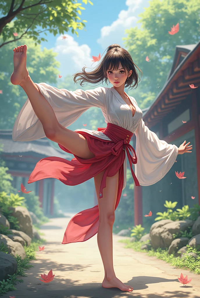 nsfw,1 girl,18 years old,Look at the viewer,((Full body))),Blushing,Big,Beautiful eyes,Good face ,ibalance:1.2 standing_split,standing_on_one_leg,leg_up,8k,(((Show panties)),Lace-rimmed panties,(Bite into panties)))),((see-through)),Ultra-fine clothing