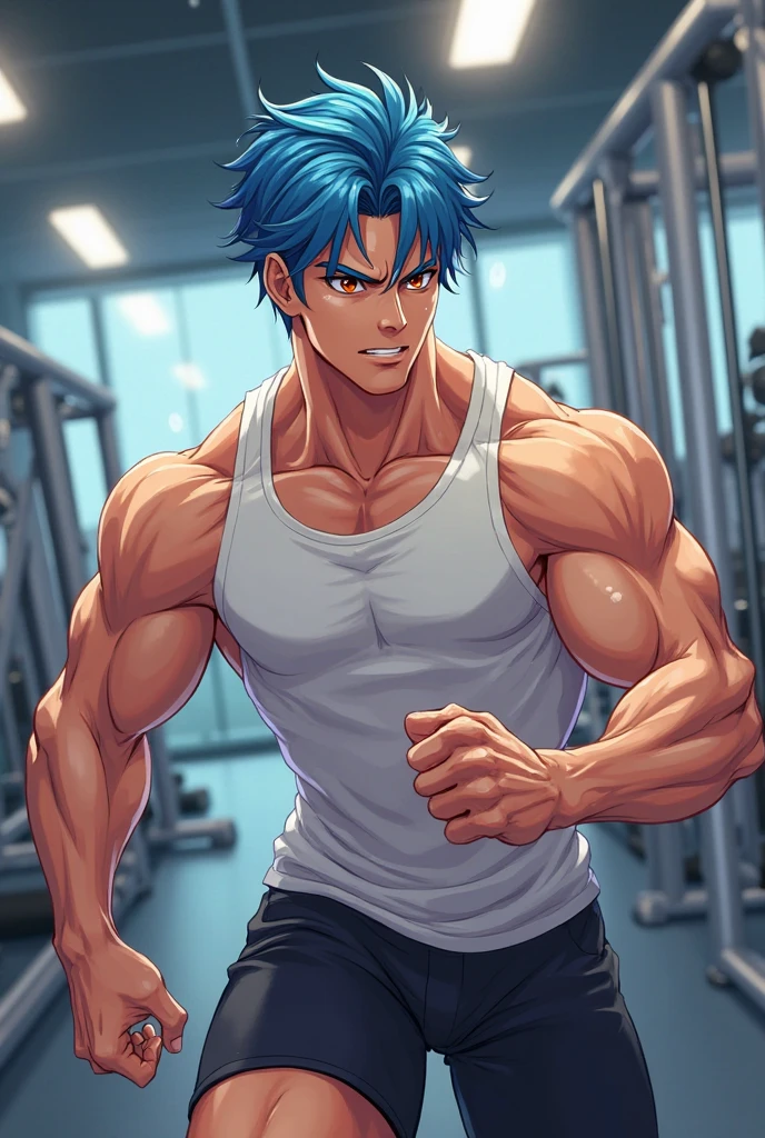 (A male athlete,)(In a small room,Desaturated teal walls,The room is paved with soft seamless gray-blue bricks,Dirty clothes piled on the floor in the room,)(He radiates,Topless,No shirt,Wrists wrapped with cloth,Wearing blue-green sports shorts,Socks are torn,Socks showing toes,)(Shy expression,Blushed,Standing helplessly,Hand drooping,Knee slightly bent,Half of the body,Lift up your trouser legs with your hands,)(Shot from below,full-body shot,)(White skin,Very high,muscular,Broad shoulders, Huge muscles, muscular的,pectoralis major, strong身体, Well-developed arm muscles, muscular的身体, Chest muscle expansion, 8 Pack Abs, strong,)
