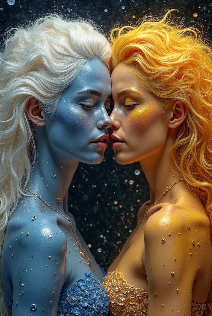 A mesmerizing hyperrealistic masterpiece that captures a surreal scene of the Mavok Love Movement. Two ethereal beings, filled with love and affection, are depicted in an intimate embrace, their translucent forms shimmering with iridescent colors. The details are so lifelike that it feels like stepping into another world, with each strand of hair and delicate texture beautifully rendered. The background is a vibrant, dream-like landscape, filled with swirling colors and textures that blur the lines between reality and fantasy. This exceptional artwork is a testament to the highest quality in hyperrealism, transporting viewers into a world of wonder and emotion.