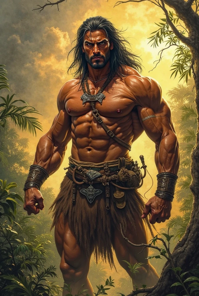 epic fantasy art, super fine illustration, High resolution, Super detailed, masterpiece, 1 male, barbarian, Conan the Barbarian, alone, adult, mature, tall and muscular man, broad shoulders, (((good looking:1.5))), long messy hair, black hair, ((beautiful detailed brown eyes:1.5)), square jaw, thick neck, thick eyebrows, the night view of dark forest background, loincloth, obi sword belt, animal fang necklace, iron circlet, holding sword, fighting pose,