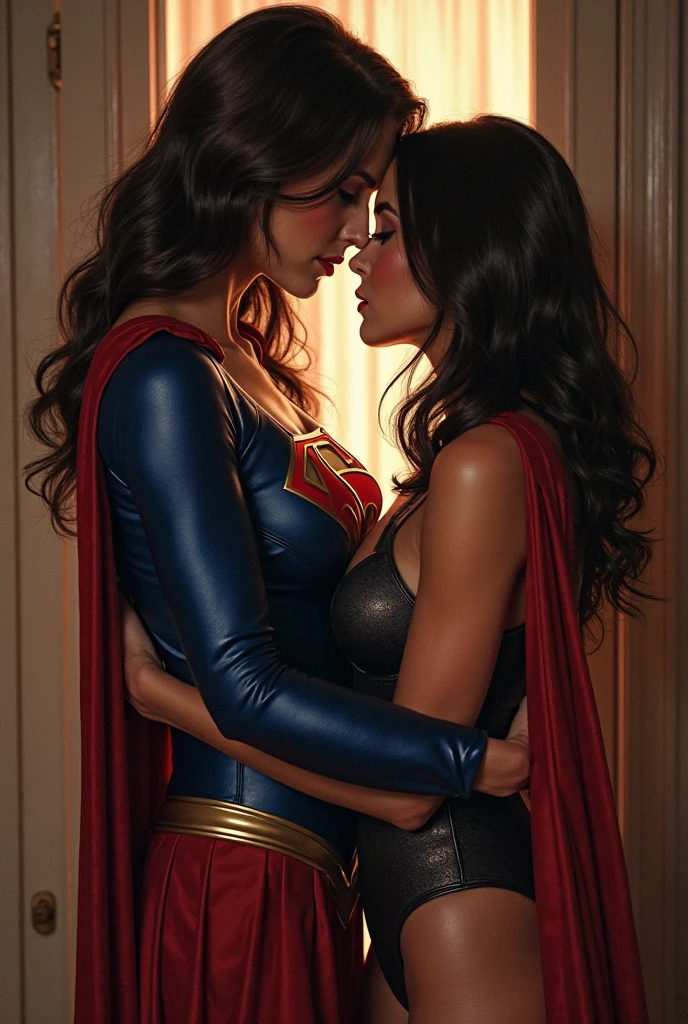 2 INTIMATE TEEN SUPERGIRLS HAVING HOT PASSIONATE SEX IN BED. WEARING IDENTICAL SUPERGIRL OSTUMES AND CAPES.