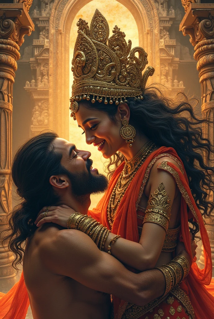 Create an image of an indian girl Saranya living in Valery Kogan's Caesara mansion. Saranya putting her hand on God Vinayagar's chest and look in his eyes