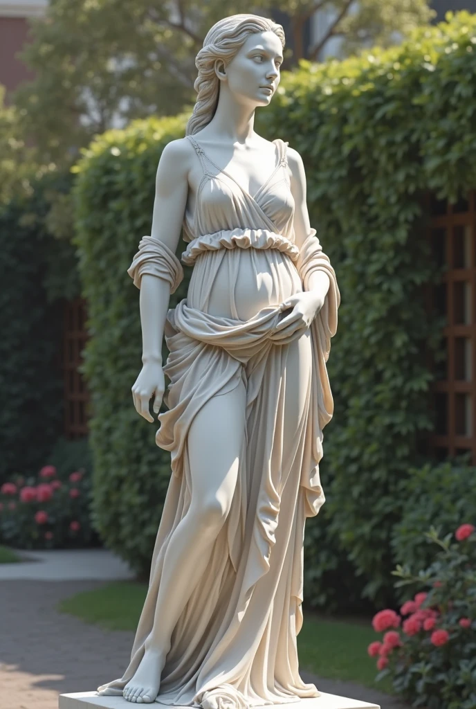 White marble statue of a very thin robe Greek goddess with sheer skin、Atmosphere of the rising sun, bright，front