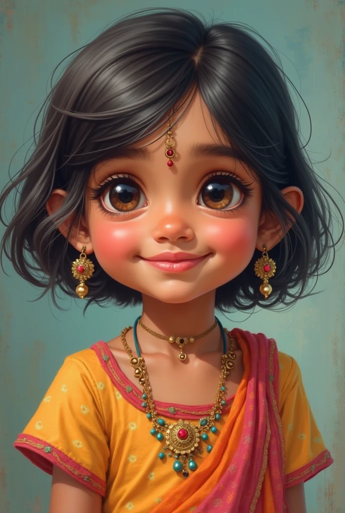 Indian baby with chubby cheeks  long hair cute smile    Green dress bangles ear rings necklace