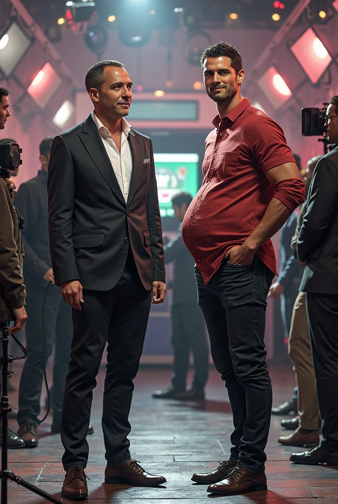 a bearded man standing on a stage with a man in a suit, Chris Evans as a bodybuilder, Tom Cruise torso, muscular joe biden, what figure, muscular!!, Ryan Reynolds as a bodybuilder, exaggerated muscular physique, full body standing Tom Selleck, exaggerated physique, Schwarzenegger, absurdly muscular physique, with the body of Billy Herrington