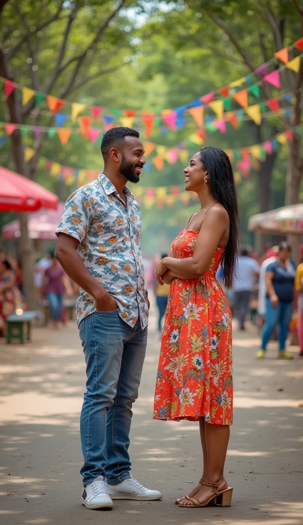 A Brazilian woman, 30years, Bblack hair, white, wearing a pop up print shirt with jeans, sitting in a flowery square with her husband, vestindo camiseta white, passionate personality