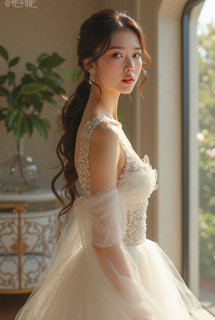 (((Tall Korean Woman, intense and deep pale skin, peau parfaite, en mouvement, marche, full body, cheveux blanc brillant, cheveux longs et droits, intelligente, long fine lace body dress, robe couleur rouge sang))), ((best quality, extremely detailed:1.8, hyperRéaliste:1.5, photorealistic:1.5, grande profondeur de champ, vue de face, very beautiful 35 year old woman, Prise de vue en direct, low-cut, fine lace body dress, full body and legs)), ((femme debout, she has a serious pose, very long hair, cheveux de couleur blanc, quelques mèches tressées, light strapless dress, dentelles fines et délicates, poitrine push-up)), ((detailed asian woman face looking at camera, electric clear white eyes, feline silhouette, cheveux long)), (photorealistic), sharp eyes, poitrine push-up, very thin waist, jambes longues, longues jambes, fine and detailed hands, detailed hairstyle, very long hair, femme charismatique, charisme, charismatique, sparkling eyes, dentelles fractal, ((cheveux blancs brillants, focale 50mm))