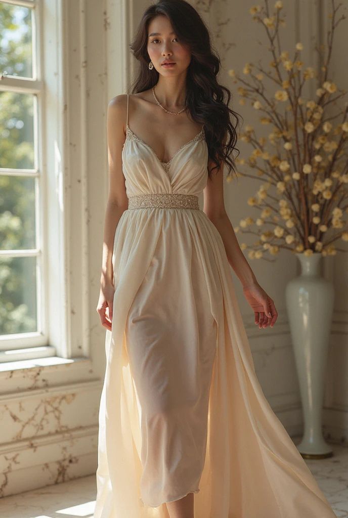 ((Best Quality)), ((masterpiece)), (detailed), 1 girl with very white skin, tulle dress with transparencies