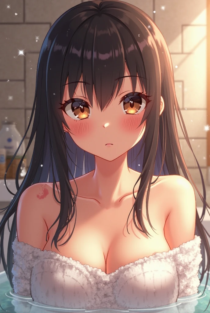 best quality, highres,Slender、brown eyes、tall、black hair、(No bangs:1.3)、(semi-long:1.3),straight hair、luxury hotel、(naked:1.4)、bathroom、In the bathtub