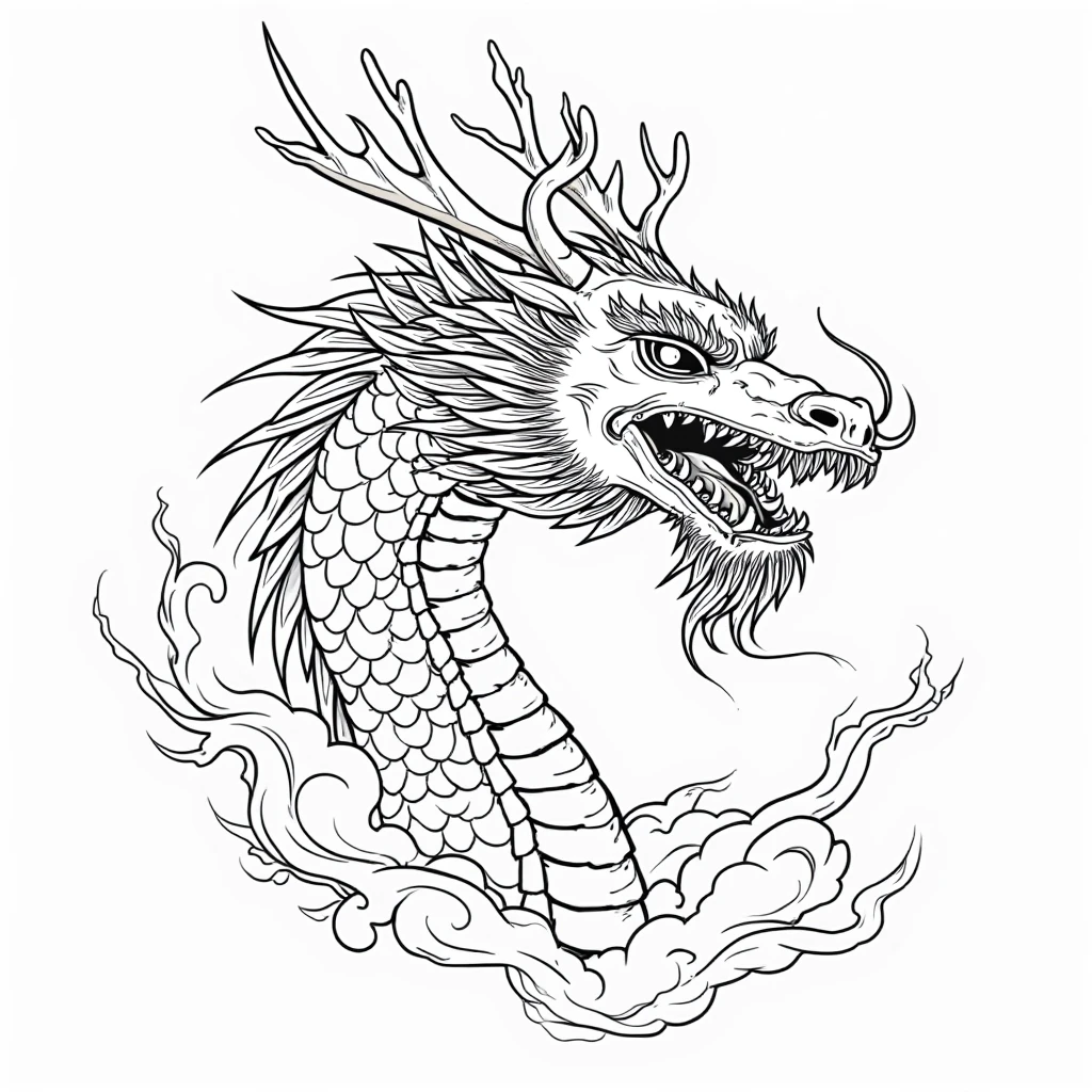 a drawing of a dragon head with flames coming out of it, line drawing tattoos, medium sized tattoo sketch, ''dragon breathing fire, dragon blowing fire above, tattoo design sketch, intense line art, detailed line art, simple lineart, ink outline, inspired by Kawanabe Kyōsai, dragon breathing fire, inspired by Kameda Bōsai, tattoo sketch, high quality,