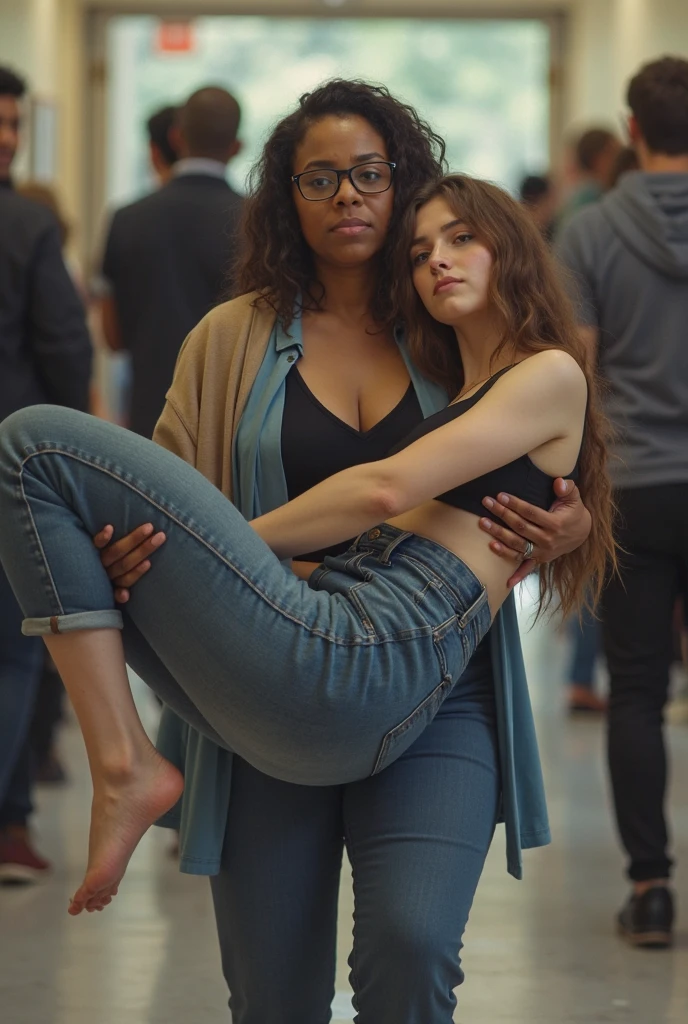 Create a photo of a teenage girl, obese, did, with black and dark skin, wearing a white shirt and black skirt and glasses, lifting the body of a 30-year-old woman from the ground by the waist and lifting it high into the air, with light white skin, long brown hair, slim body, without a bra with bare breasts and wearing jeans
