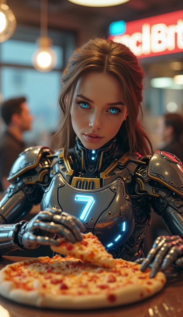 (Masterpies), the best quality, a mesmerizing cyborg girl, she stands at the checkout counter in the grocery store, scans the goods at the checkout, food racks and other customers are visible in the background, neutral dark tone.
