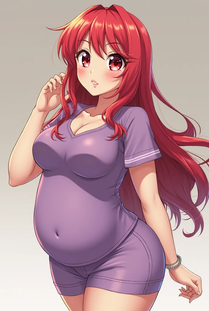 Generates images of a red-haired girl with long hair bangs and a tight red dress, an anime version that looks about 3 from head to toe, with a serious look, much larger breasts and green eyes, great sensuality and a big butt.