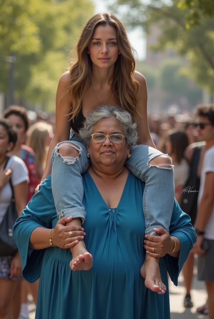 Create a photo of a 20 year old young woman, with a slender and beautiful body, wearing jeans and a long black blouse, with white and clear skin, with long brown hair and wearing sunglasses being carried on the shoulders of a 90 year old elderly lady, obese, who has dark black skin and is wearing a dress and glasses