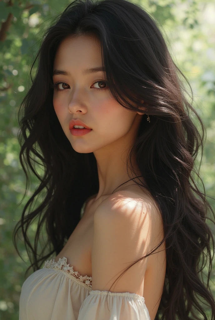 realistic, Highly Detailed CG mentegrated 8 thousand Dendenden Wallpapers, Detail, High quality RAW color photos, professional photography, (8 thousand, RAW photos, best quality), (realistic: 1.37), transcendent beauty, 어린 and cute, indian woman, 빛me는 피부, big bust, half exposed chest, (cleavage of breasts:1.2), (fair face:1.2), (long hair blowing in the wind:1.2), Her occupation is a mountain climber.., me'm hiking, Deep in the mountains, mountaineering clothes, 가벼운 mountaineering clothes을 입으세요, cargo pants, Ripped T-shirt,
