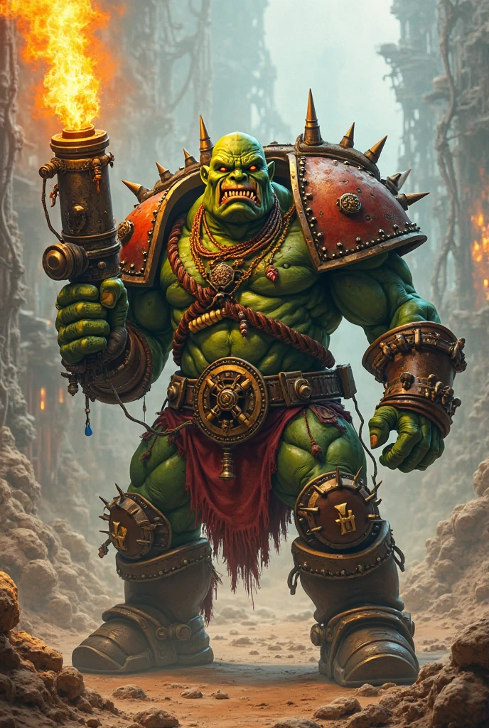 cowboy shot, solo shot, 1boy, orkz, shoulder armor, teef, hunched shoulders, green,  muscular, man  (masterpiece:1.2) (illustration:1.2) (best quality) (detailed) (intricate) (8k) (HDR) (wallpaper) (cinematic lighting) (sharp focus)(highly detailed face) <lora:add_detail:1> <lora:seedsOfChaosStyle_v1:.7>  <lora:orkz:1>
