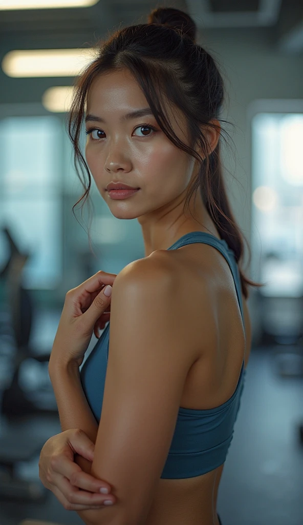 (editorial photograph of an 18 year old Melanesian woman), (slim top, cotton panties, MMA gloves), (straight non curly hair), (highly detailed face:1.4), (muscles:1.3), (sultry pose:1.3), (background inside light, bright, private gym:1.1), (8k, uhd, dslr, high quality, cinematic lighting, bokeh), (dramatic, award winning photography, incredible masterpiece:1.3), (((sexy sultry stare at camera:1.2))), (fit curvy:1.2), (light skinned complexion:1.5), add_detail:1, ((ponytail hair)), ((full body view))
