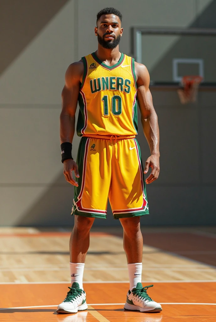 A design of a basketball uniform with green color, yellow and white