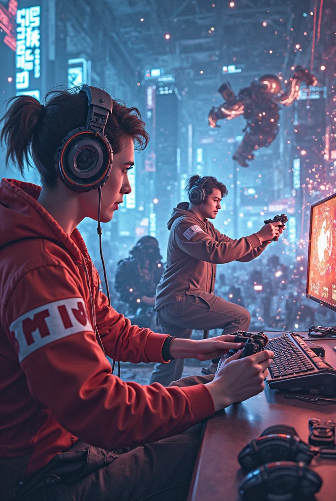 Masterpiece, Best Illustration, Solo, Multiplayer, Handsome Glasses-kun, White-haired Boy, Blonde Girl, Seated, Keyboard \ (Computer \), Fur Decoration, Computer, Monitor, Hood, Jacket, Hood Down (Chair, Headphones, City, Instrument, Cyberpunk, Wooden Toys,\(\(Intricate Details\)\), Color Details, Rainbow Color BREAK, \(\(Best Quality of Masterpiece\)\), 4K, Ultra Detail, Detailed Lighting, \((Inspired by Hayao Miyazaki)\), Official Art, Propaganda art, composition, a giant mirror ball floating in space, twinkling lights, sad lost, particles in the air, intricate fractals, detailed, (illustration), masterpiece, high resolution, best quality. Illuminate people, colorful, master composition, focus on key figures, realism, masterpiece, award-winning, best quality, masterpiece, ultra-detailed, 8K, extremely detailed CG Unity 8k wallpaper, complex, highly detailed, realistic