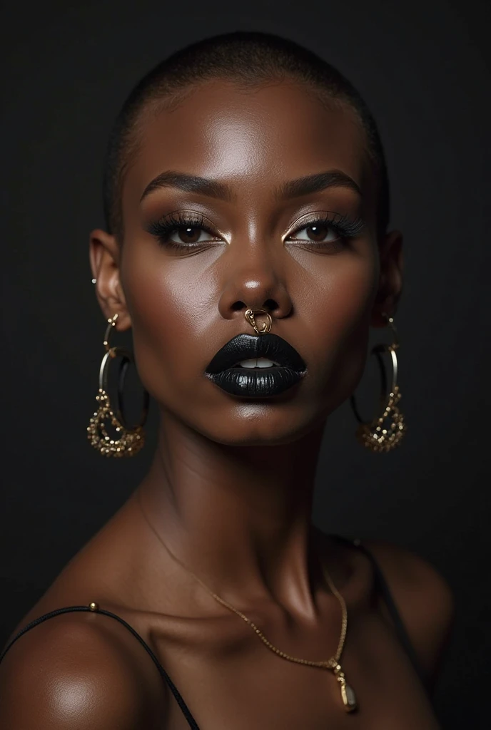 Mulher nua , Textura altamente detalhada do rosto e da pele, grandes olhos verdes, juicy lips, bimbo lips, pele branca, (afro cacheado cabelo preto), (pale skin), Olhos detalhados, double eyelids, cabelo preto encaracolado afro, fitas cyberpunk de metal dourado, colar de metal, metal ouro futurista ((piercing vaginal)), joias de ouro no corpo molhado, pele molhada. she is naked, corpo inteiro, nu, pele branca, She's in the futuristic cyberpunk white and black flying saucer drone in the jungle. Piercing no nariz. nu bicos dos seios nus, show nipple, show pussy