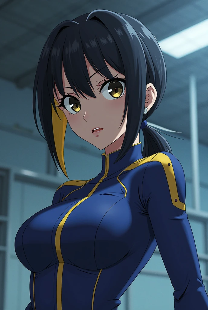 professional artwork, Intricate Details, field of view, sharp focus, detailed painting, photorealistic lighting, trending on pixiv,(masterpiece:1.0),(best_quality:1.0), ultra high res, ultra-detailed, photography, 8K, HDR, highres, absurdres:1.2, Kodak portra 400, film grain, sharp focus, bokeh:1.2, lens flare, (vibrant_color:1.2), (((indoors, office details))), Annerose, 1girl, female mature, black hair, long hair, (yellow eyes), ((leotard:1.4)), skin tight, hair intakes, (solo:1.4), (upper body, half body shot), seductive, (landscape dimension)