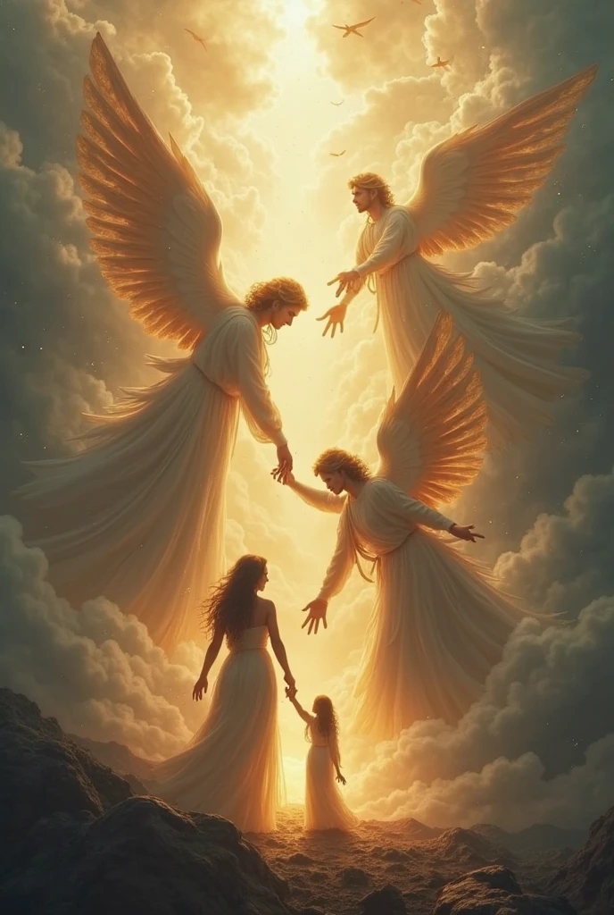 Make a picture of a victims of a family group of Angeles of families of childrens boys and girls are with there parents watching from sky to a landslide area rescue
Show drafts