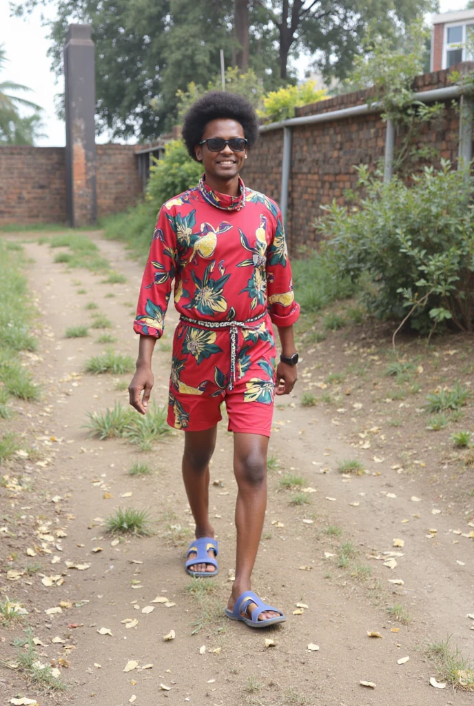 Create for me a high resolution 4K image close up of a shirtless 15 year old zombie African boy like red beanie, garden gnome style beanie, red shorts, with one leg, holding a pipe in his hand, devilish look and laugh, looking at the camera, in a shady forest