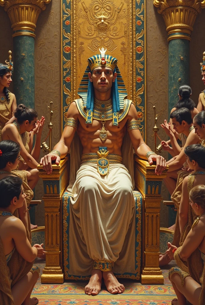 A handsome handsome man without a shirt wearing a golden pants with a crown sitting on a king&#39;s chair, thin and white skinned, in the desert with a desert palm tree behind a lake and a peacock with two leopards at his side, a rug under his feet, two men looking at him, blowing on him with the palm leaf