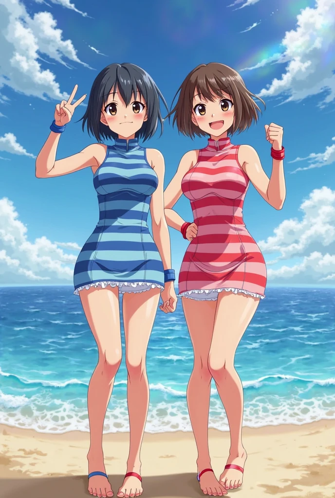 masterpiece, highest quality, disorganized, retro artstyle, 1980s \(style\)))), look viewer, 2 girls, chaseing on the beach, (Madoka Ayukawa, running away long hair, white bikini) (a girl hikaru hiyama chasibg short hair, vermilion one-piece swimsuit),