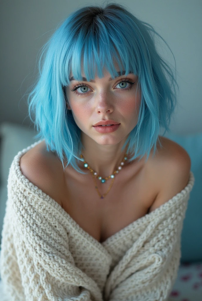 (Best quality, 8k, 32k, Masterpiece, UHD:1.2),Photo of Pretty 18 teen american woman, large breasts, very short bob hair,upper body,face focus,(oversized_sweater,:1.1) necklace, background, looking at viewer, leaning forward, (((blue hair with sliver bangs))), (((vibrant light blue eyes))) (((award winning detail)) ((avatar makeup and popstar clothes)))