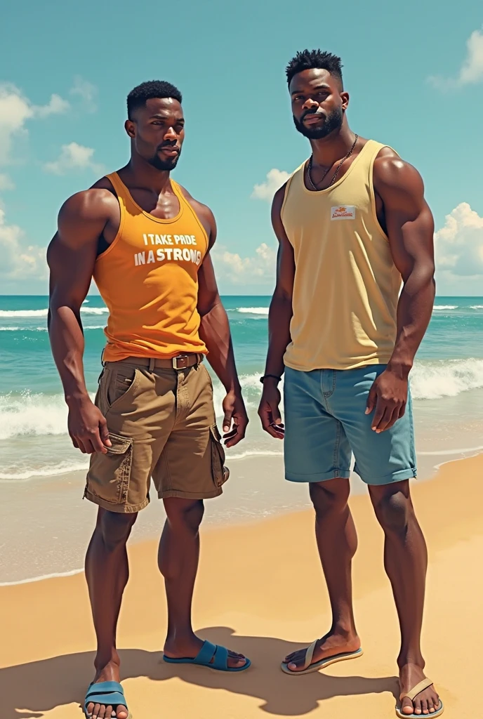 tall man, black man,very blue,pink curly hair,just in navy blue beach trunks,a red havaianas flip flop