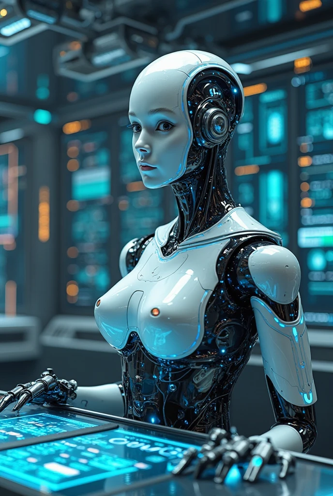 robot femenino androide cyborg, exuberante, se encuentra en interior de sala de control de spacecraft, con un gran ventanal desde donde se divisa la tierra,, iluminacion de la hora dorada, todo lleno de imaginacion,ciencia ficcion y (intrincados detalles de la maquina).imagen fotorrealista,nitidez maxima, calidad 8k.(obra maestra de calidad superior)