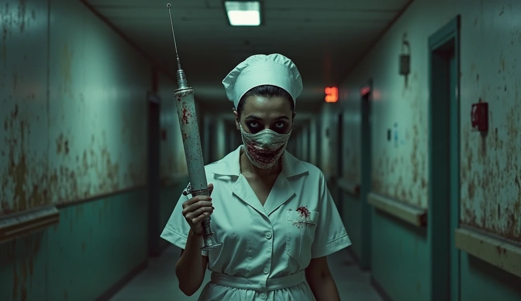 "expressive anime sketch style, solid coloring, Tank Girl, wearing nurse outfit, dress apron and cap medical scrubs, face with ornate blackmetal corpsepaint, uv light ray face mask, with a Frederic Delavier-inspired musculature anatomical illustration style. Piercing eyes, Set against a liminal hospital corridor background with florescent low level dim glow, with a subtle, glowing ROYGBIV color palette and hospital tones. Incorporate expressive, Joelle Jones-style comic book art nuances and Gerardo Zaffino-inspired charcoal textures. Emphasize the surreal, abstract, and cinematic aspects, with a focus on craftsmanship and nuance. Incorporate subliminal orchids and a sense of nyctophobia, with a silhouette and double exposure effect, creating an image within an image."