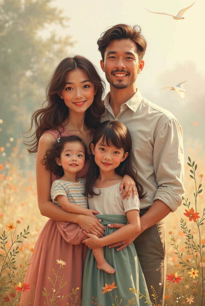 ((Parents holding their sons，Happy House:1.3,Family harmony:1.2,Back Shadow:1.1),(Son:1.1),(fresh flowers:1.1),ln the forest,The sun is vibrant)