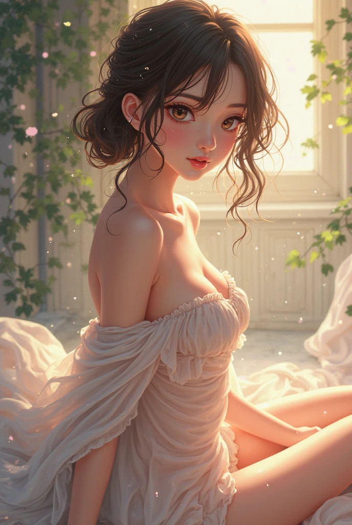 (safe for work)(full body picture, head to toe)(a woman in a sheer white dress looks surprised,startled,surprised,wondering,in awe,amazed,intrigued,curious,bewildered) (as an otter cuddles up,snuggles up,nuzzles into,settle down,rest,tucks itself,snuggles into,cuddle in) (between her breasts,against her chest,between her chest,close to her heart,close to her body,inside her arms) and goes to sleep. (material: oil painting,acrylic painting,canvas paint,watercolor painting) (additional details: beautiful garden,flower petals,floating petals,sunshine shining,sunlight filtering,glowing light,dappled light,soft breeze,peaceful) ((best quality,4k,8k,highres,masterpiece:1.2),ultra-detailed,(realistic,photorealistic,photo-realistic:1.37),vivid colors,HDR,sharp focus) (art style: realism,impressionism,romanticism) (color palette: pastel colors,soft hues,warm tones) (light: soft lighting,warm lighting,natural lighting)