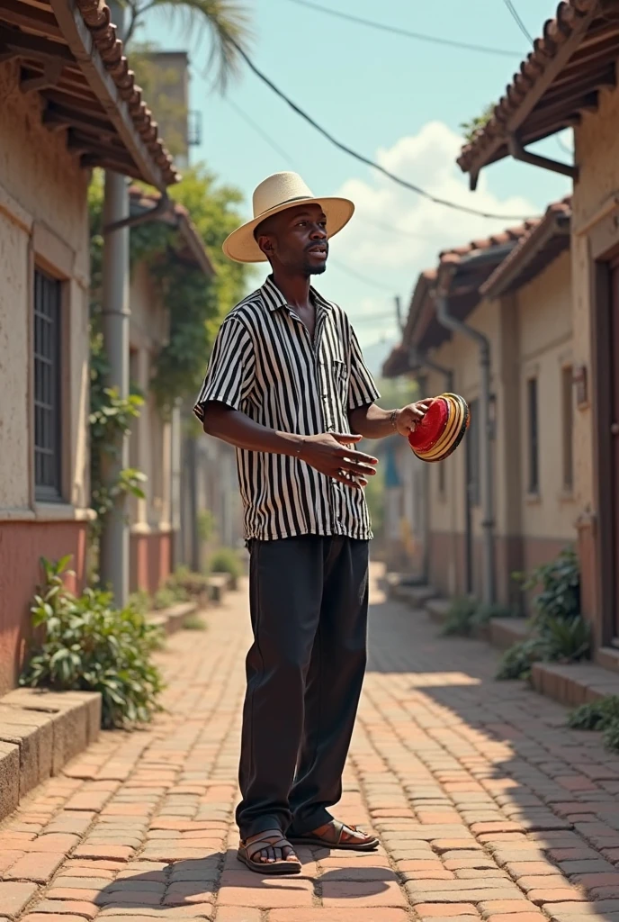 Illustration of a black MAN, Grinning, with black Panama hat, horizontally striped t-shirt in white and red, White pants, holding a glass of beer and a cane, next to a black woman, Grinning com chapéu Panamá branco, long curly hair with a horizontally striped blouse in white and red, long white skirt with seven red stripes with a cigarette in her hand and a glass of beer