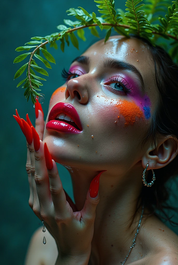 A close-up of a woman's face, with her eyes closed and lips slightly parted as if she is enjoying the sensation of vibrant (((green, white and red))) paint being smeared on her face. The background is dark concrete, enhancing the colors of the paint splatters that are strewn across her cheeks and neck. (dripping paint:1.7), paint on face, head backwards, paint on hair, long straight dark-brown hair,