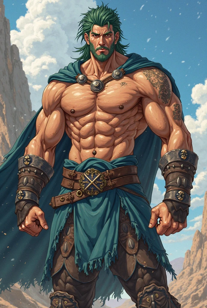 Hernan the barbarian, chubby, coming down from black dragon with green eyes, two axes